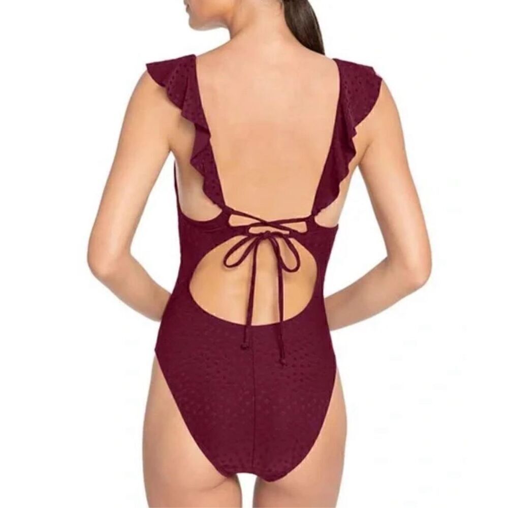New. Robin Piccone plum ruffle one piece. Size 14. Retails $168 - Picture 4 of 13